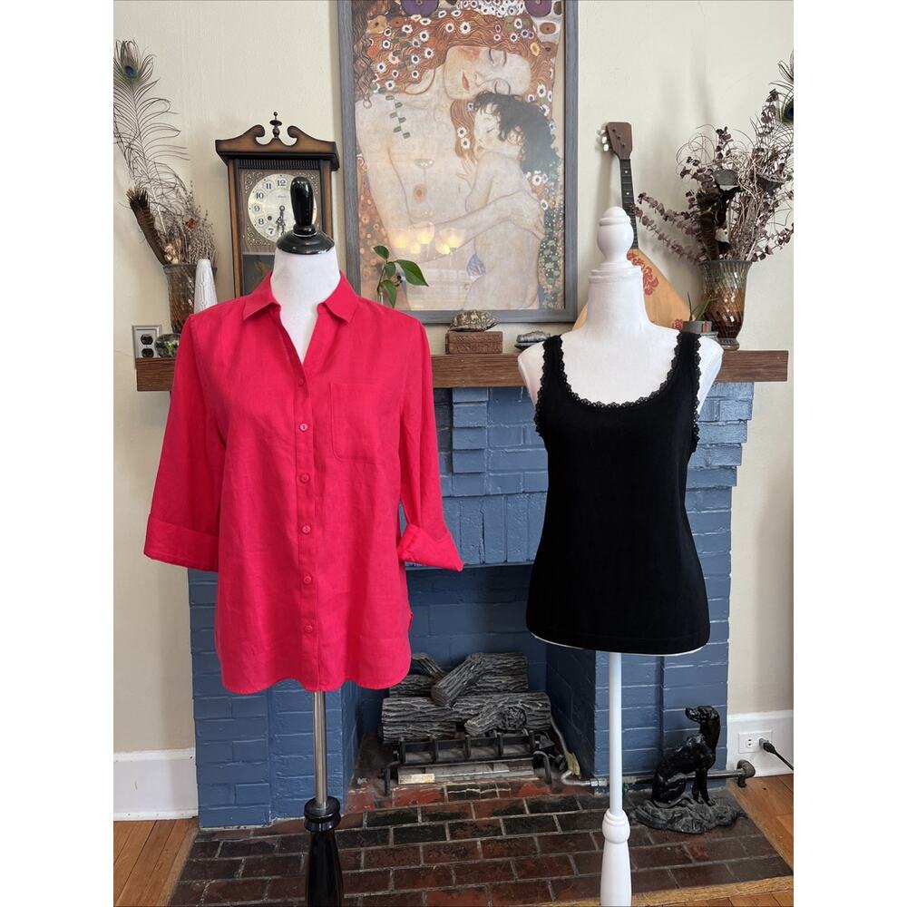 Chico's 1 Pink 100% Linen No Iron Button Front Shirt Black Lace Cami Lot Of 2 M
